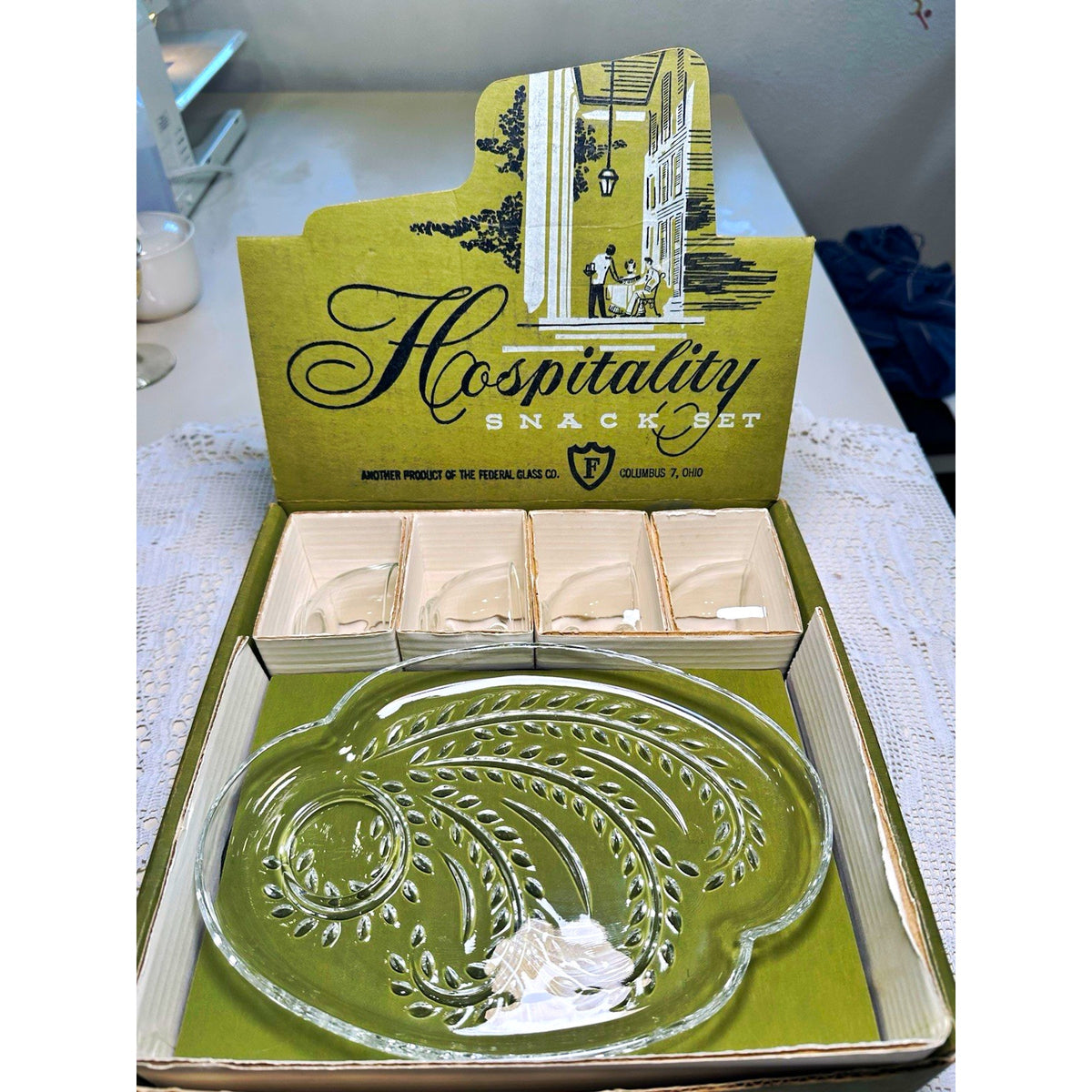 VTG 1950s Federal Glass Hospitality Snack Set Homestead Wheat Original Box