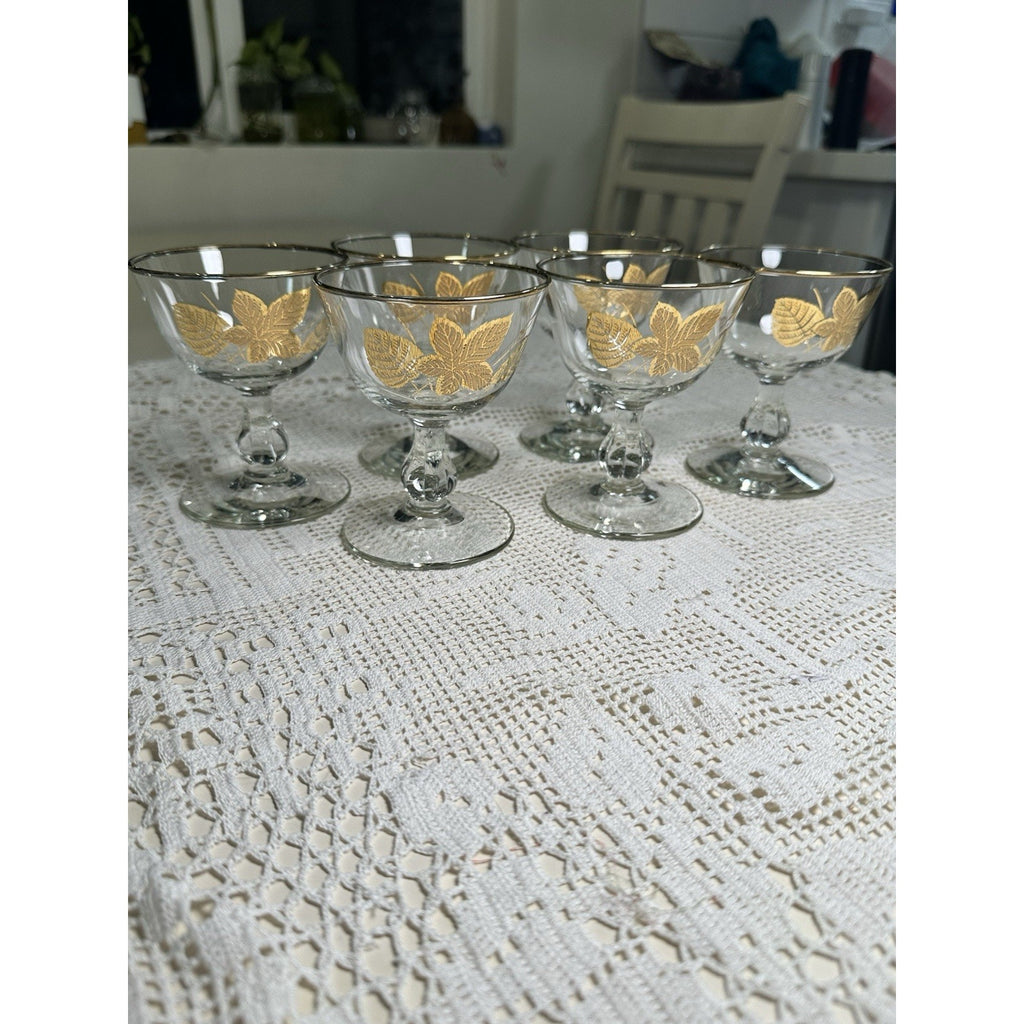Vintage Libbey Champagne / Sherbet Glasses, Gold Leaves /foliage Set of 6