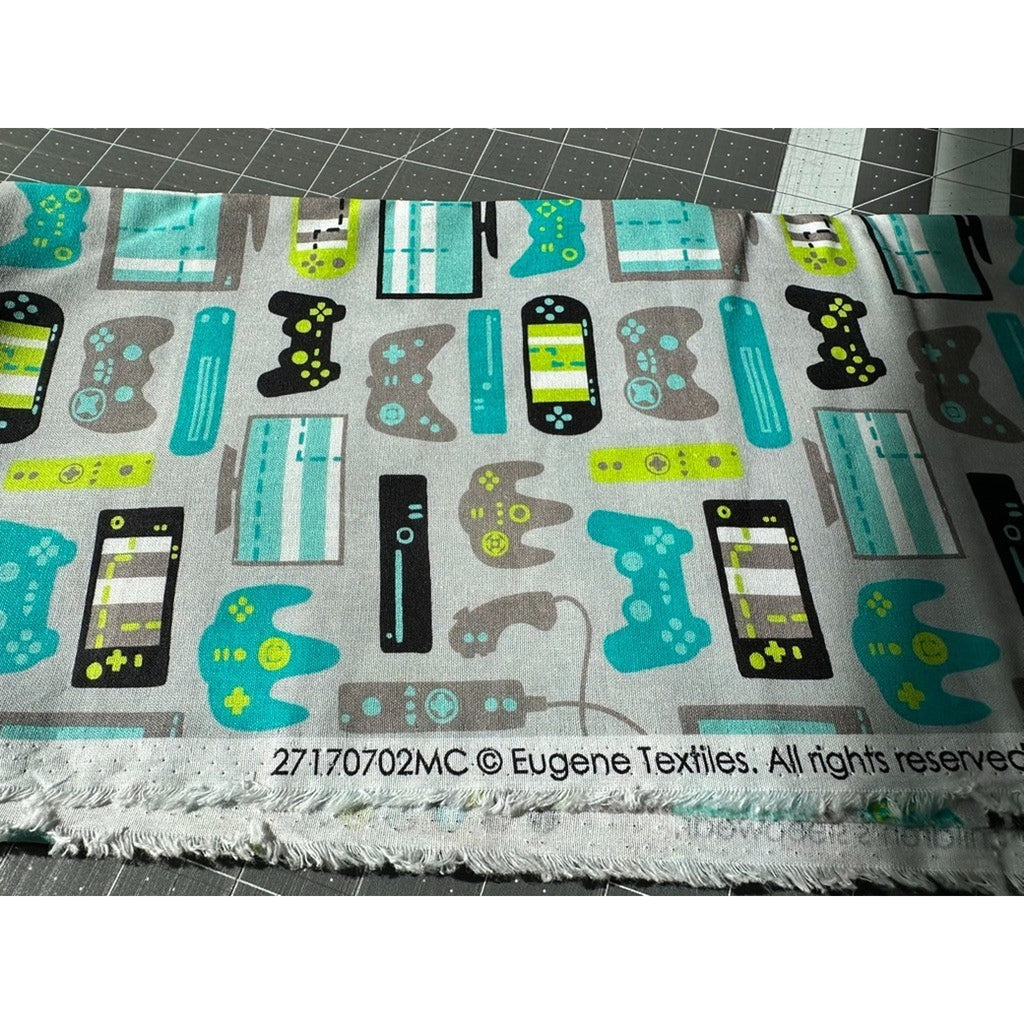 2 Yards Eugene Textiles Video Game Controller Grey Teal Quilting Cotton Fabric