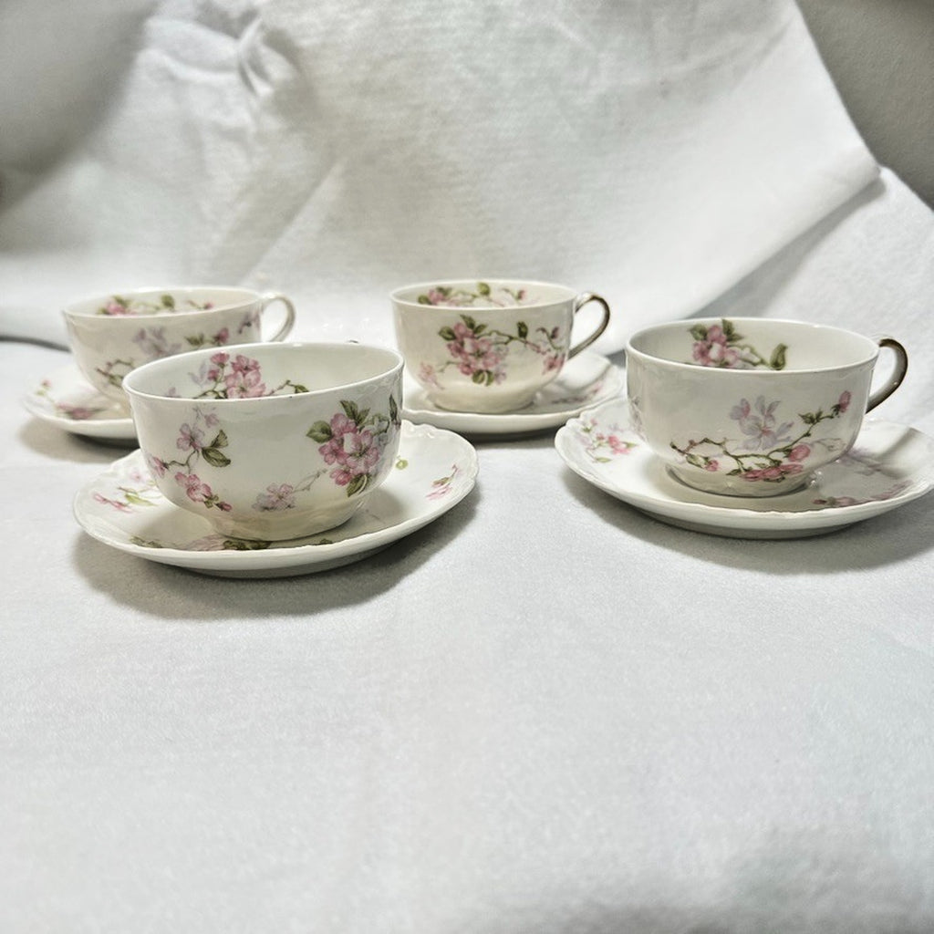 Set of 4 Haviland Limoges Schleiger 37 Teacup & Saucer Antique Pink Floral