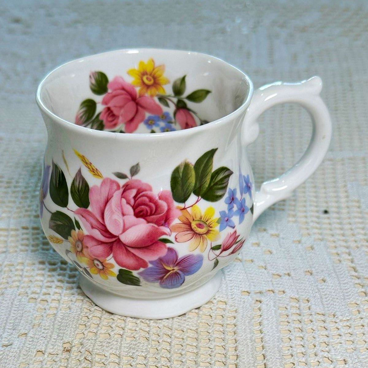 VTG English Fine Bone ChinaPink Cabbage Rose Floral Footed Cottagecore Teacup