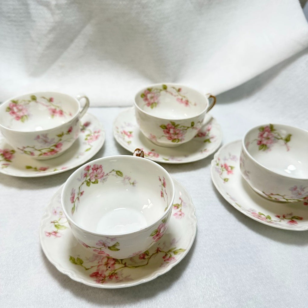 Set of 4 Haviland Limoges Schleiger 37 Teacup & Saucer Antique Pink Floral