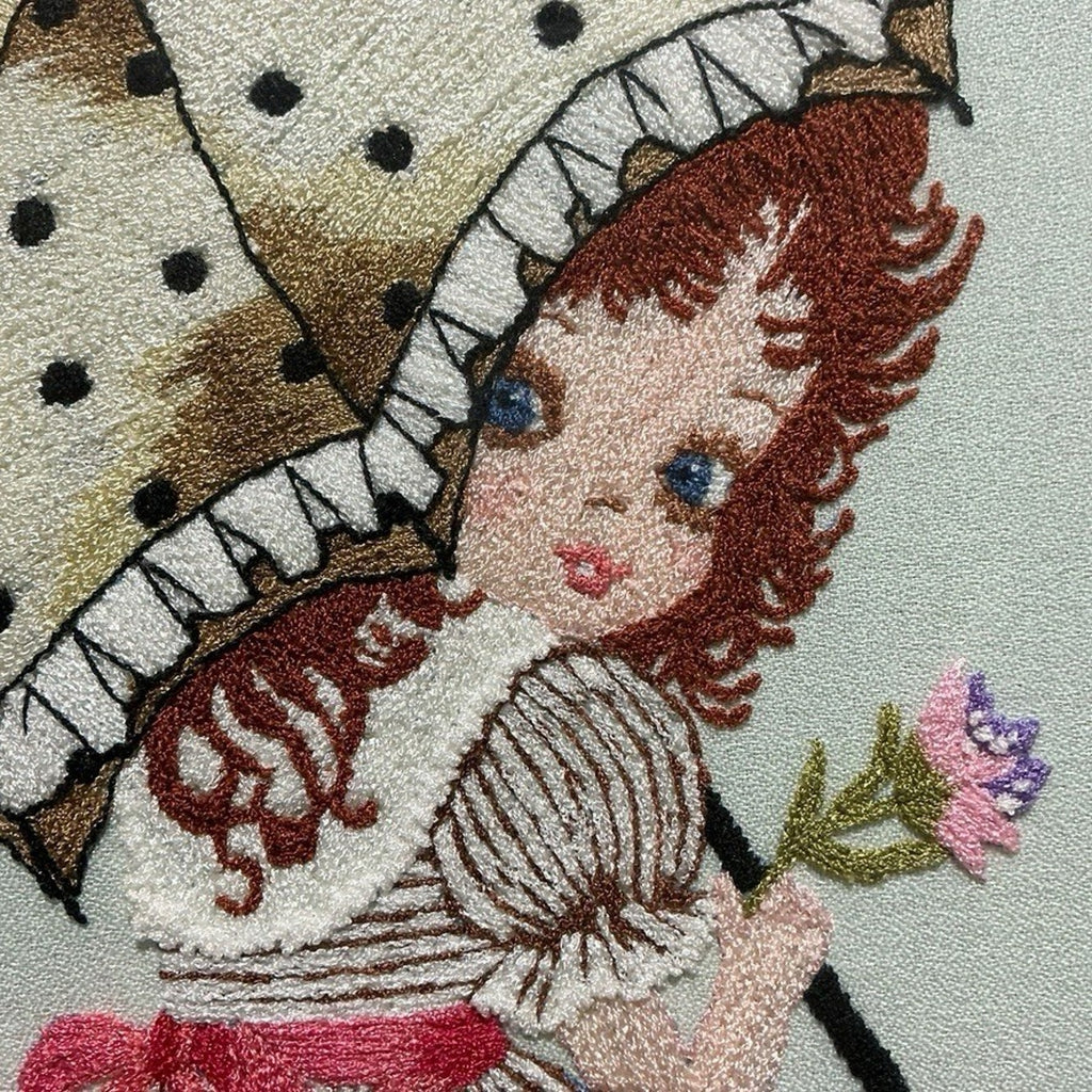 VTG Bunka Embroidery Girl With Parasol Framed Velvet Mat Wall Art 21.5" X 17.5”