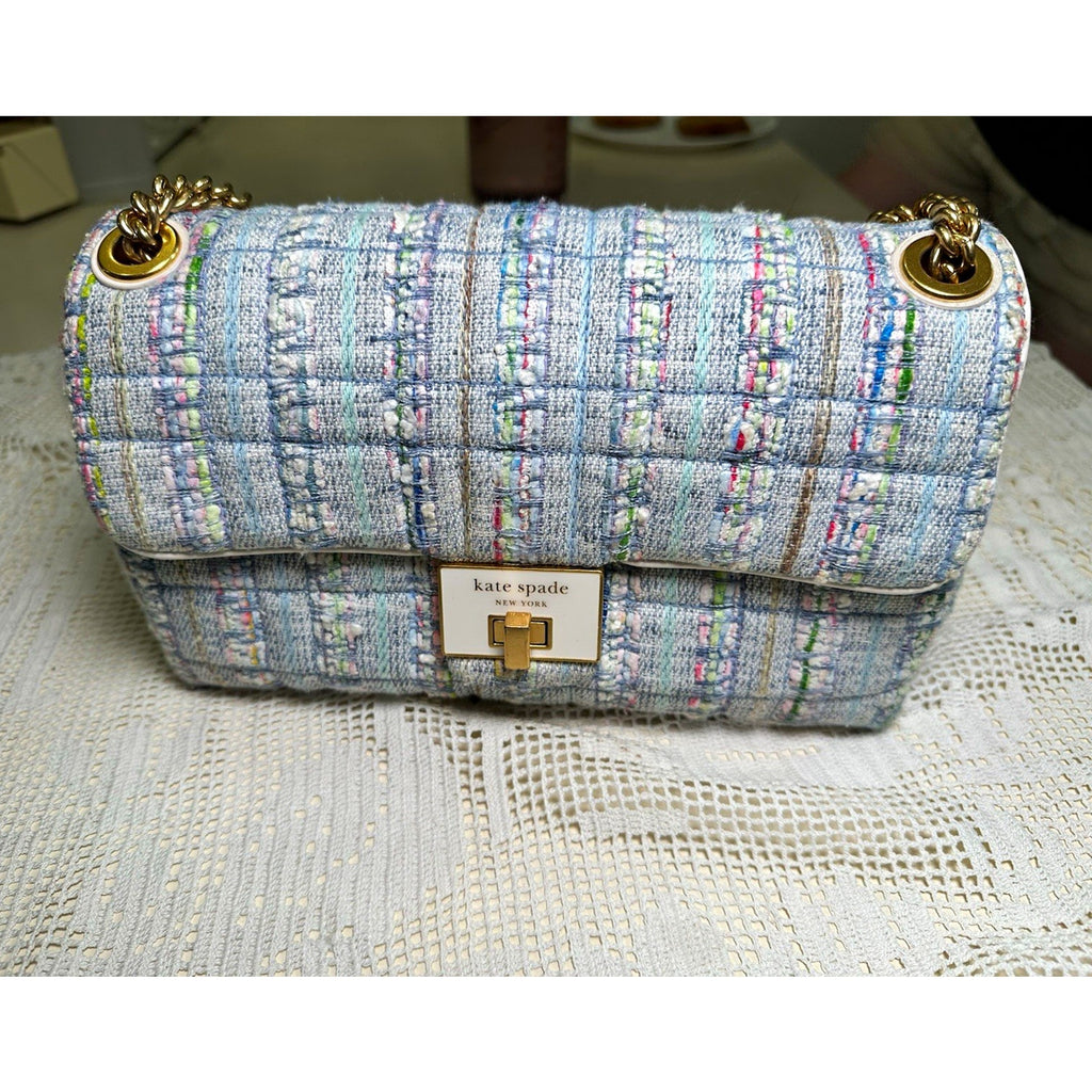 Kate Spade Evelyn Quilted Tweed Convertible Flap Crossbody Bag Light Blue Multi