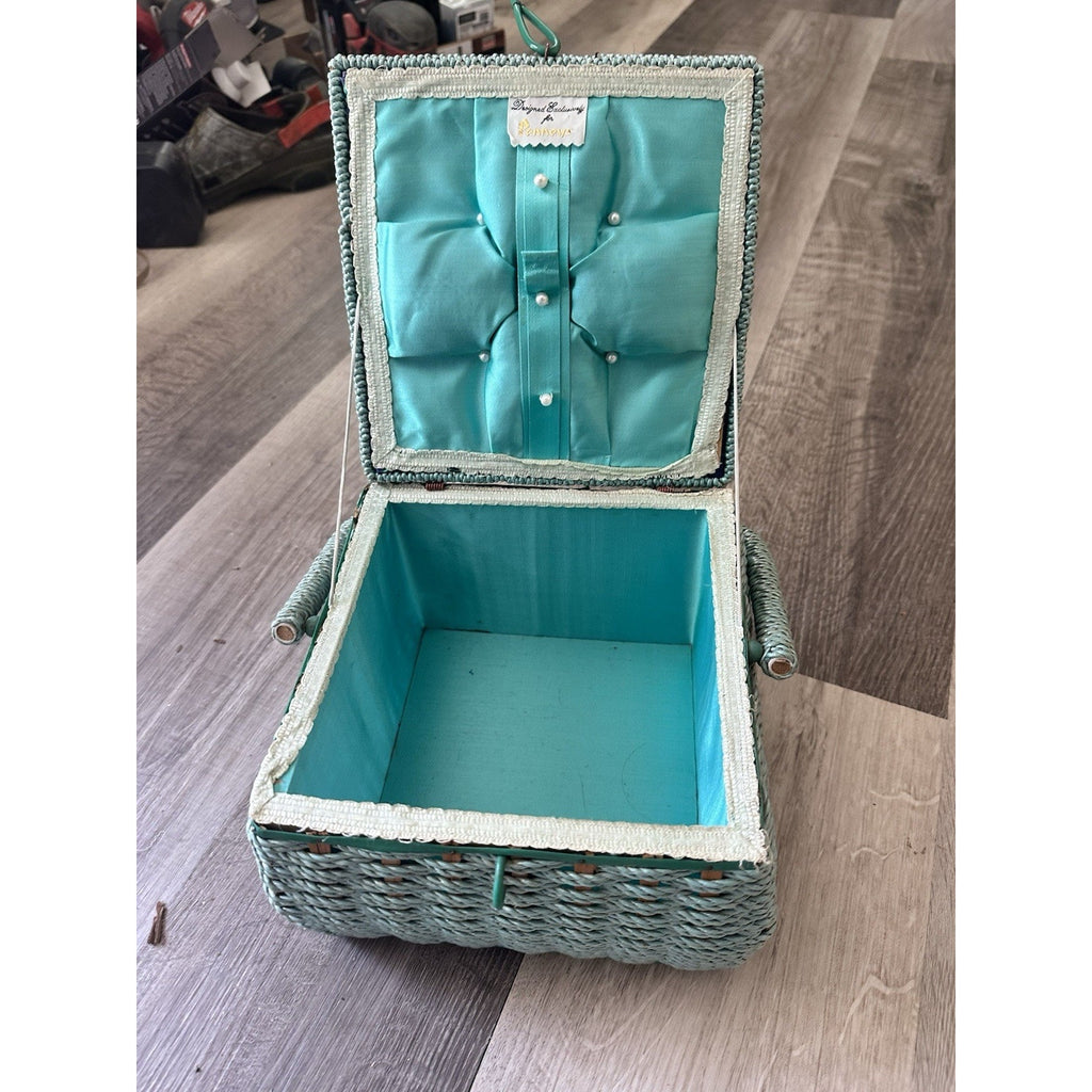 Poppies Turquoise Wicker Sewing Basket Box w/ Floral Lid & Pin Cushion Top MCM