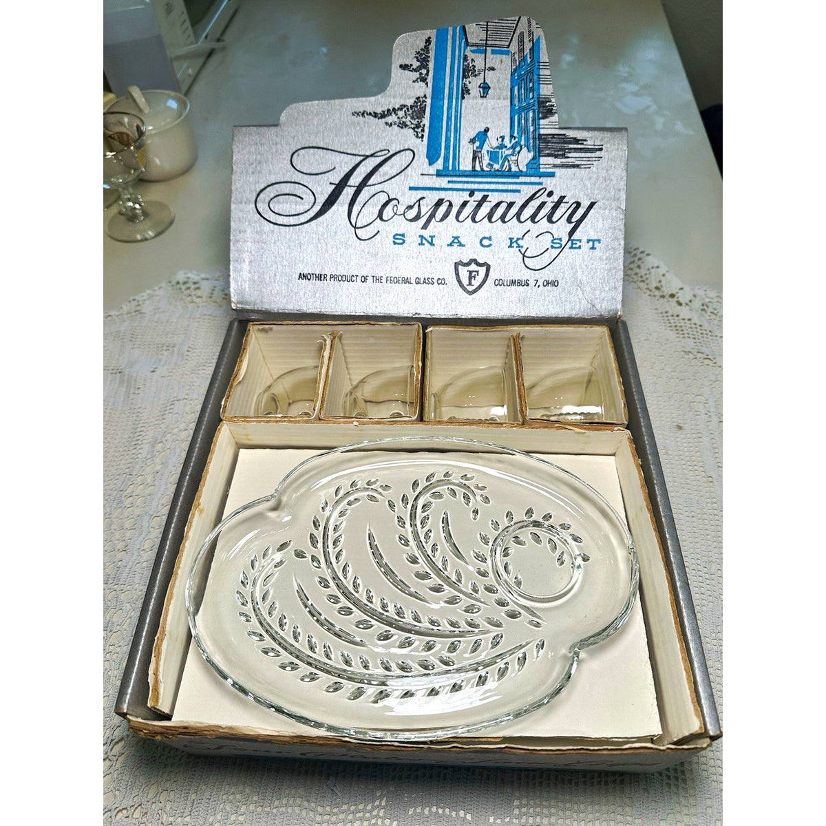 VTG 1950s Federal Glass Hospitality Snack Set Homestead Wheat Original Box