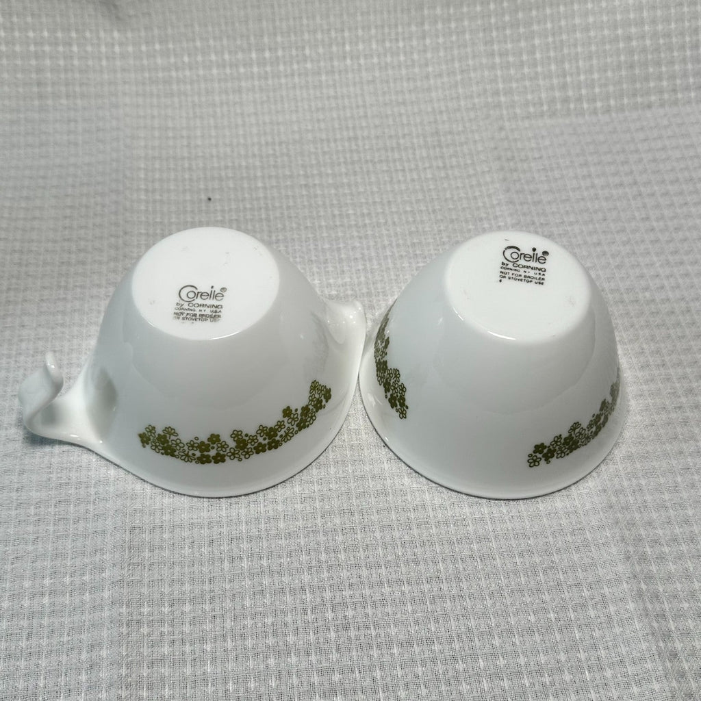 Corelle Spring Blossom 2pc Creamer & Sugar Set 5 oz White/Green Glass VTG MCM