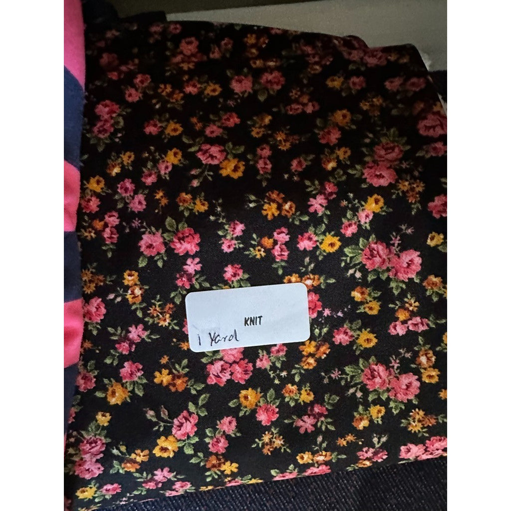 1 Yard Ditsy Floral Jersey Knit Fabric - Black Background Pink Mustard Yellow St