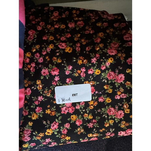 1 Yard Ditsy Floral Jersey Knit Fabric - Black Background Pink Mustard Yellow St