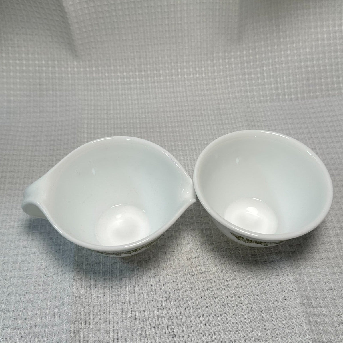 Corelle Spring Blossom 2pc Creamer & Sugar Set 5 oz White/Green Glass VTG MCM