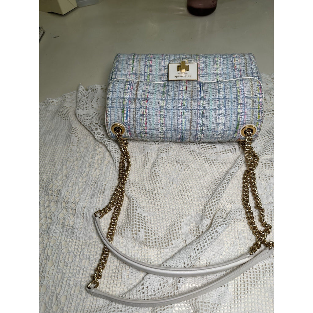 Kate Spade Evelyn Quilted Tweed Convertible Flap Crossbody Bag Light Blue Multi