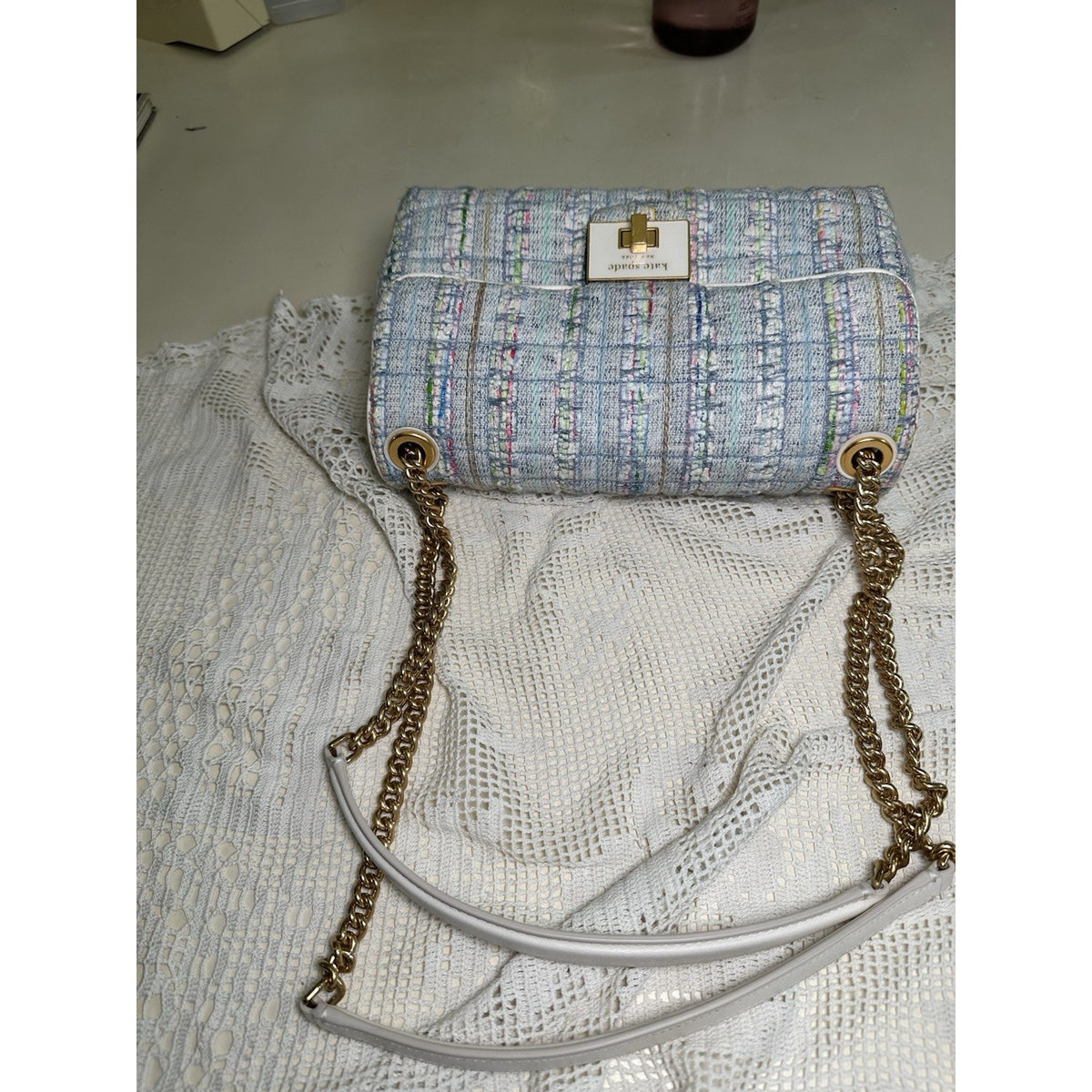 Kate Spade Evelyn Quilted Tweed Convertible Flap Crossbody Bag Light Blue Multi