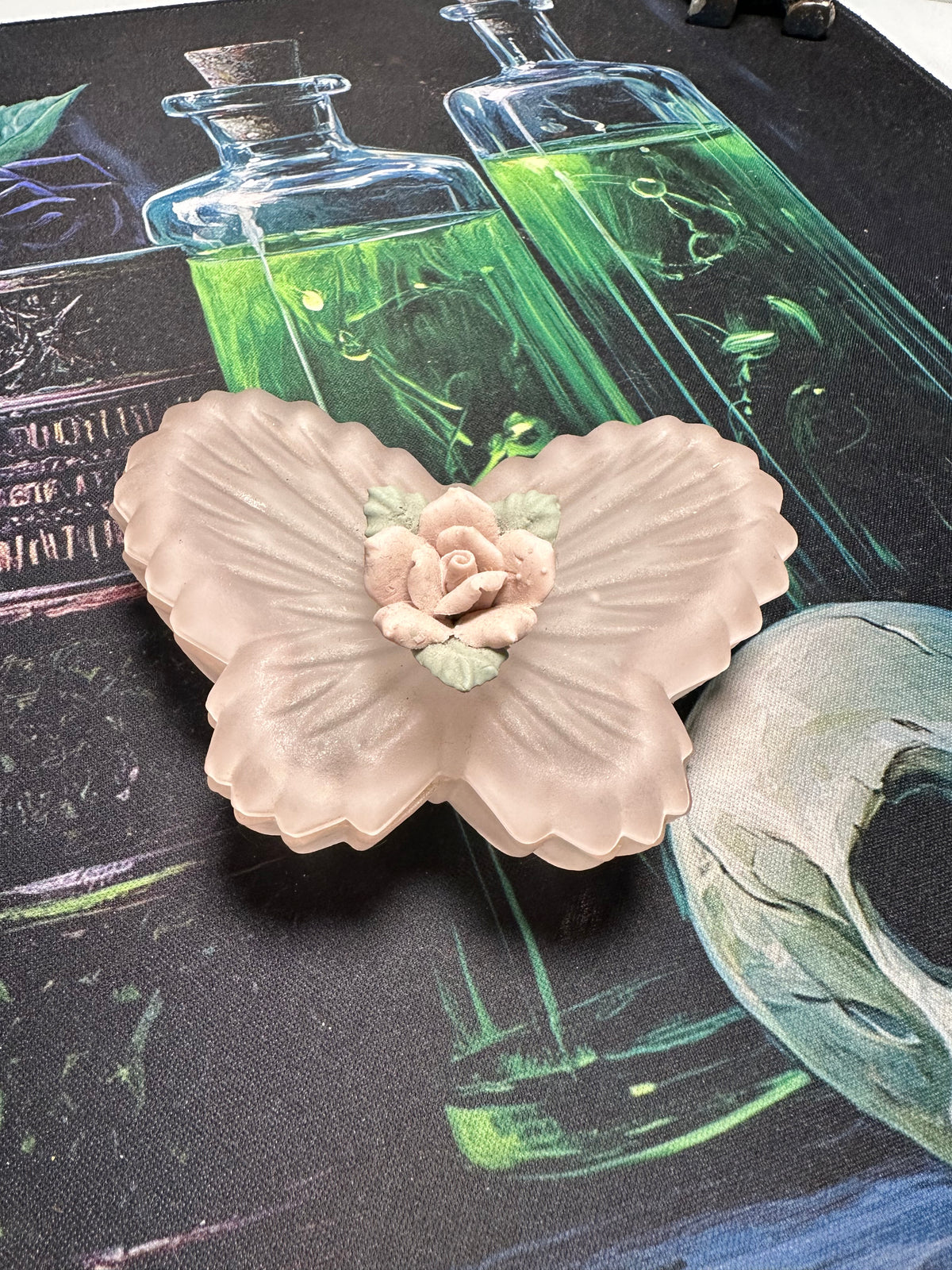 Vintage Frosted Glass Butterfly Trinket Box with Porcelain Rose Lid, Made in Taiwan