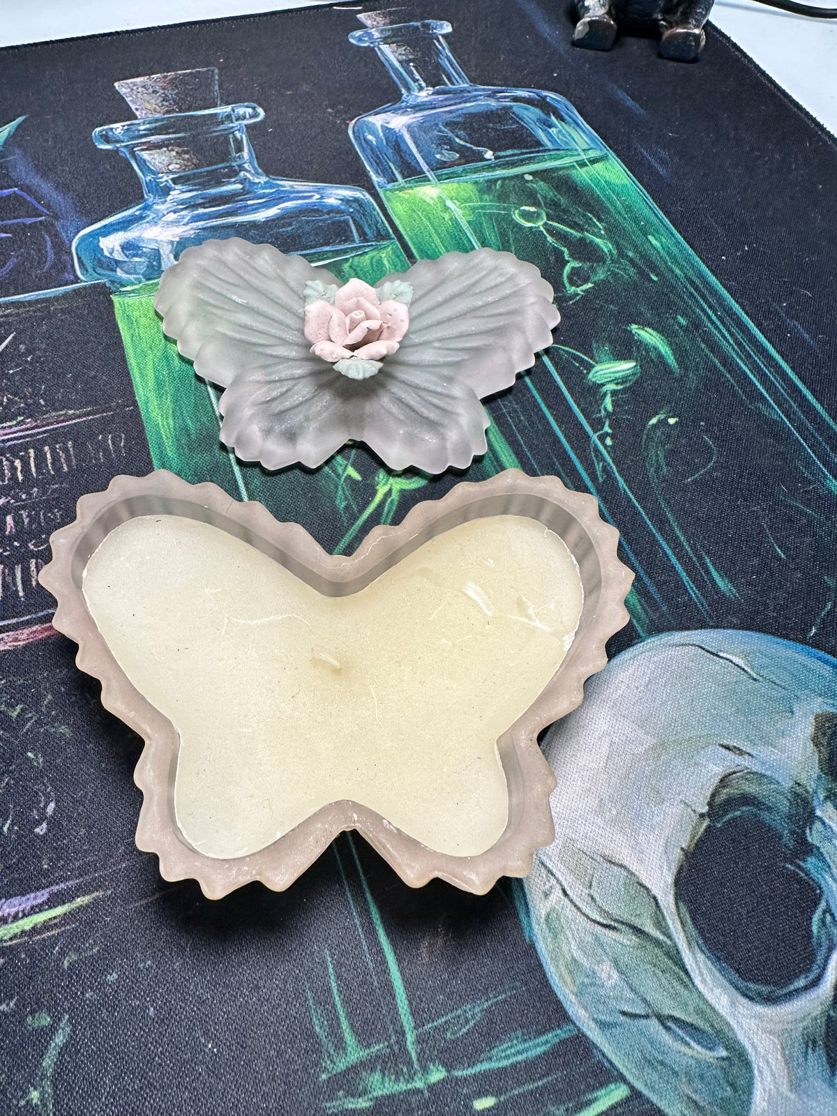 Vintage Frosted Glass Butterfly Trinket Box with Porcelain Rose Lid, Made in Taiwan