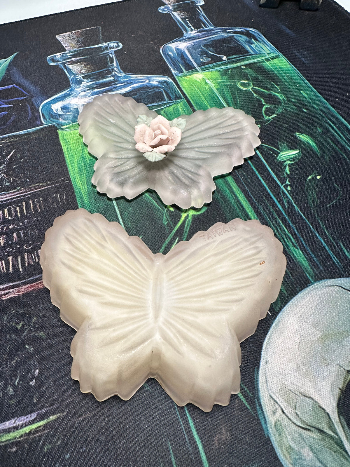 Vintage Frosted Glass Butterfly Trinket Box with Porcelain Rose Lid, Made in Taiwan
