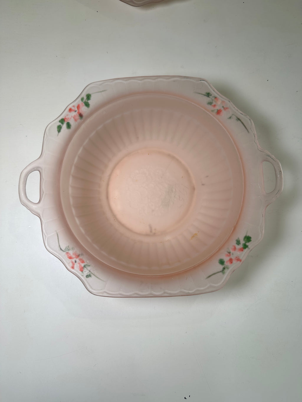 Vintage Pink Mayfair Open Rose Satin Depression Glass Handled Bowl, Hand Painted Floral, Anchor Hocking 1930s
