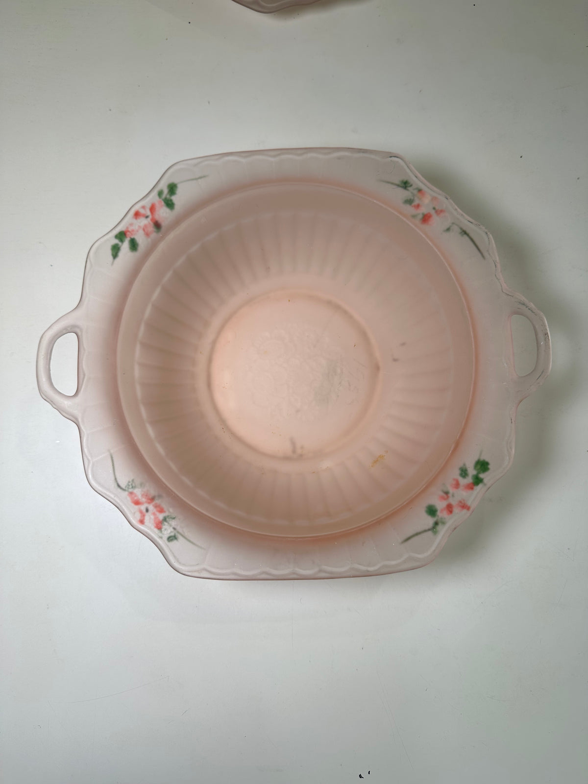 Vintage Pink Mayfair Open Rose Satin Depression Glass Handled Bowl, Hand Painted Floral, Anchor Hocking 1930s