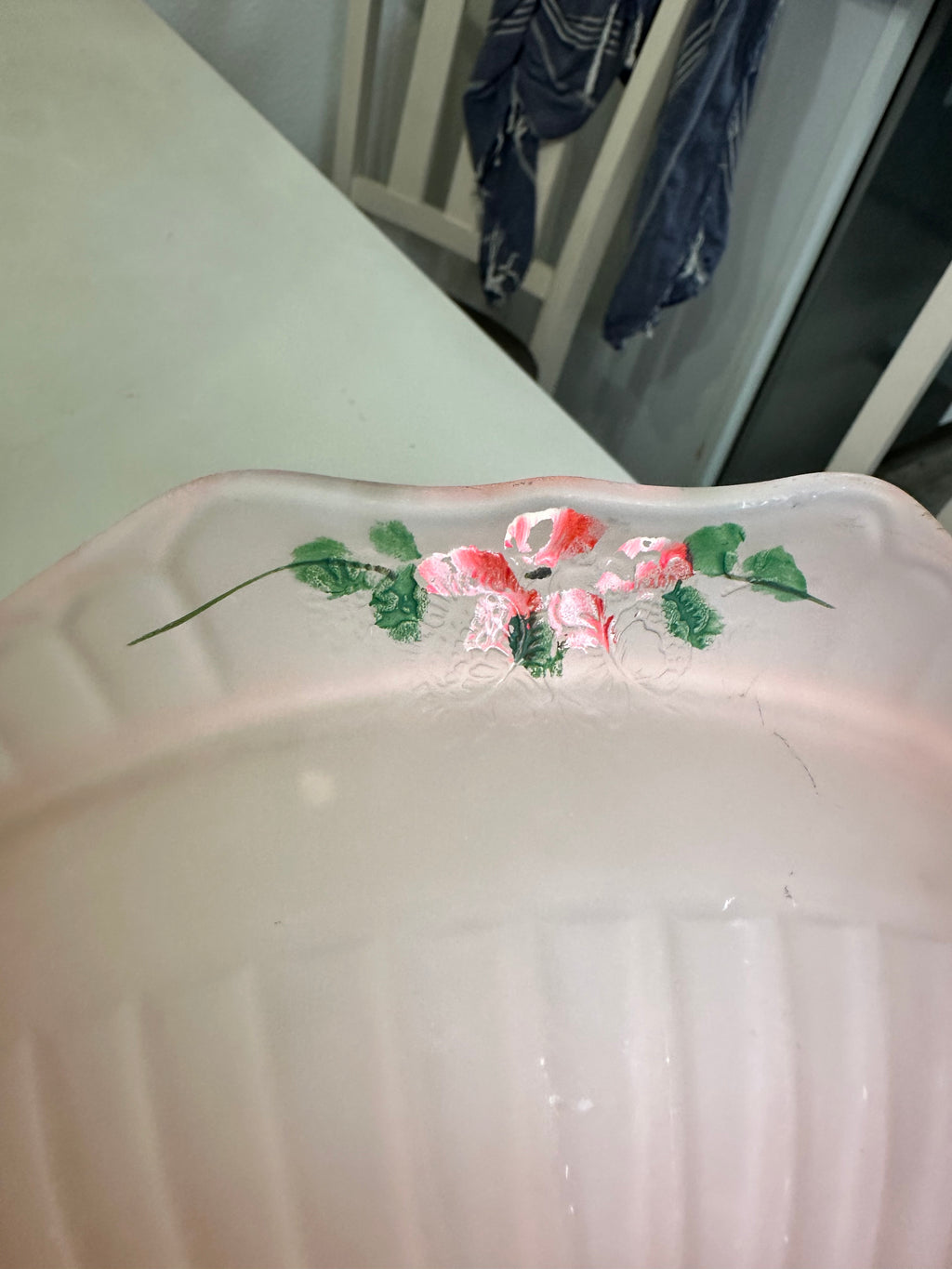 Vintage Pink Mayfair Open Rose Satin Depression Glass Handled Bowl, Hand Painted Floral, Anchor Hocking 1930s