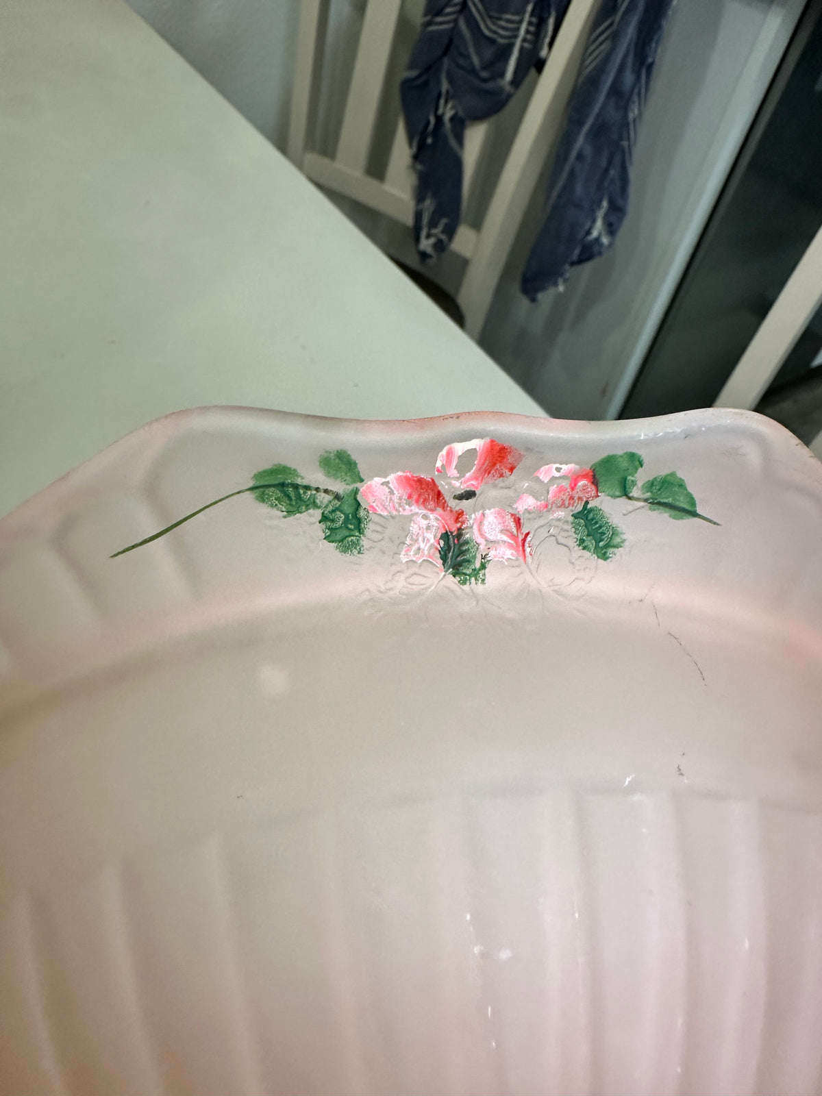 Vintage Pink Mayfair Open Rose Satin Depression Glass Handled Bowl, Hand Painted Floral, Anchor Hocking 1930s