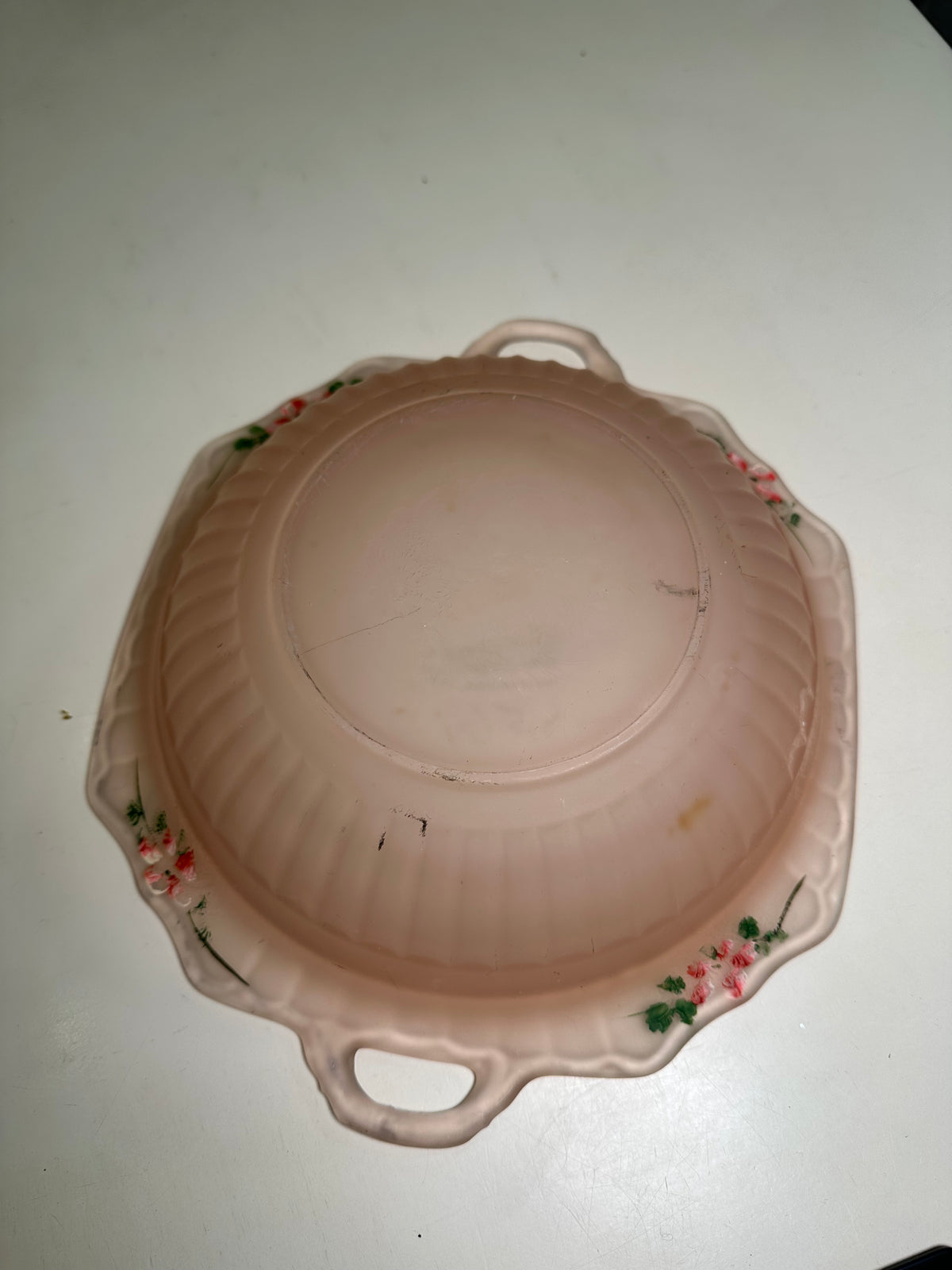 Vintage Pink Mayfair Open Rose Satin Depression Glass Handled Bowl, Hand Painted Floral, Anchor Hocking 1930s