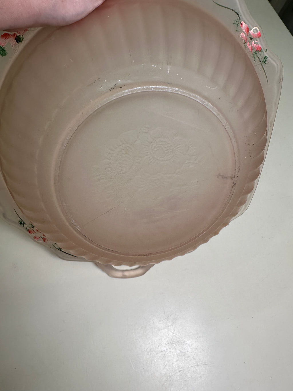 Vintage Pink Mayfair Open Rose Satin Depression Glass Handled Bowl, Hand Painted Floral, Anchor Hocking 1930s