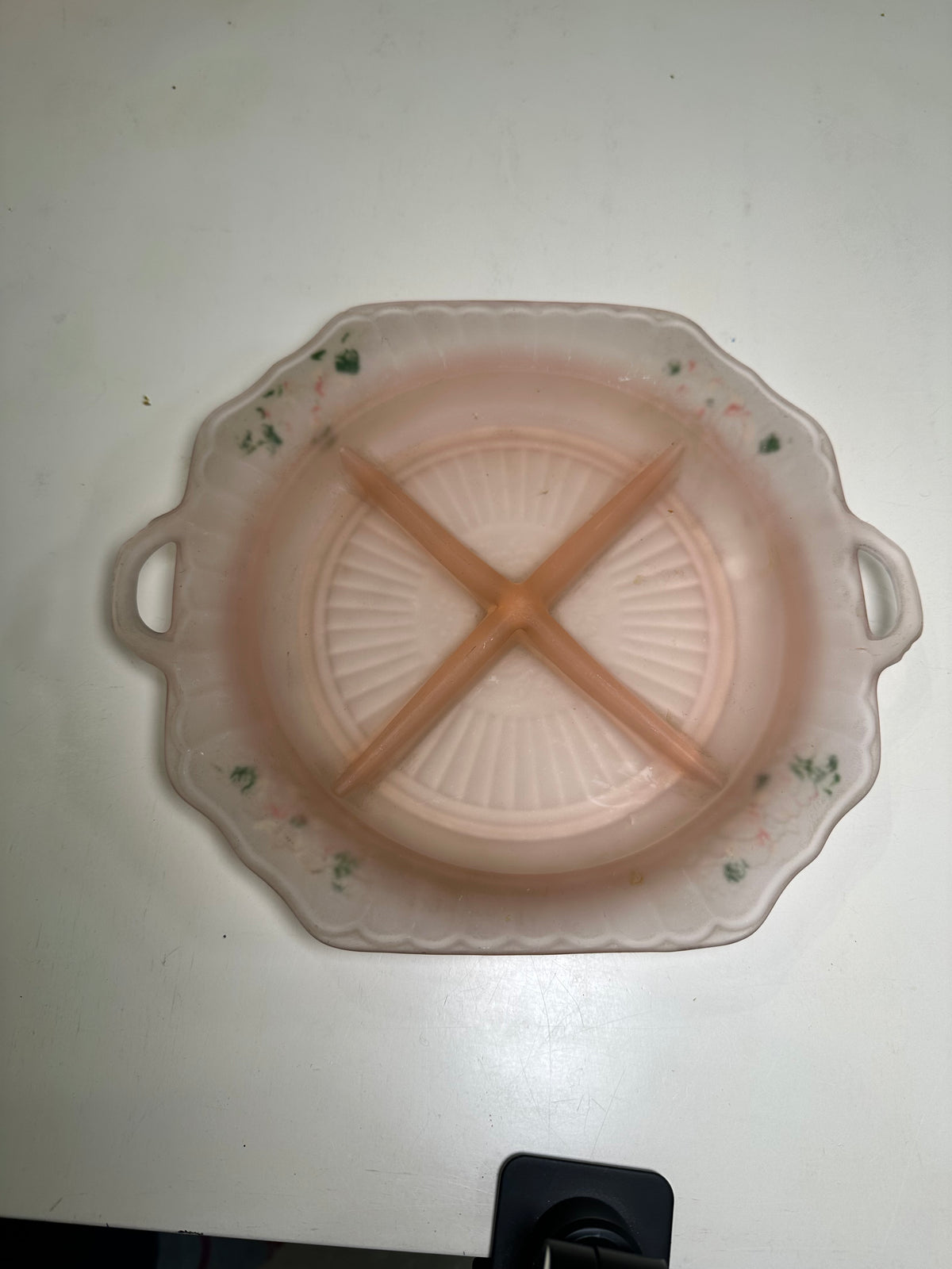 Vintage Pink Mayfair Open Rose Satin Frosted Depression Glass Relish Dish, Hand Painted Roses, Anchor Hocking 1930s