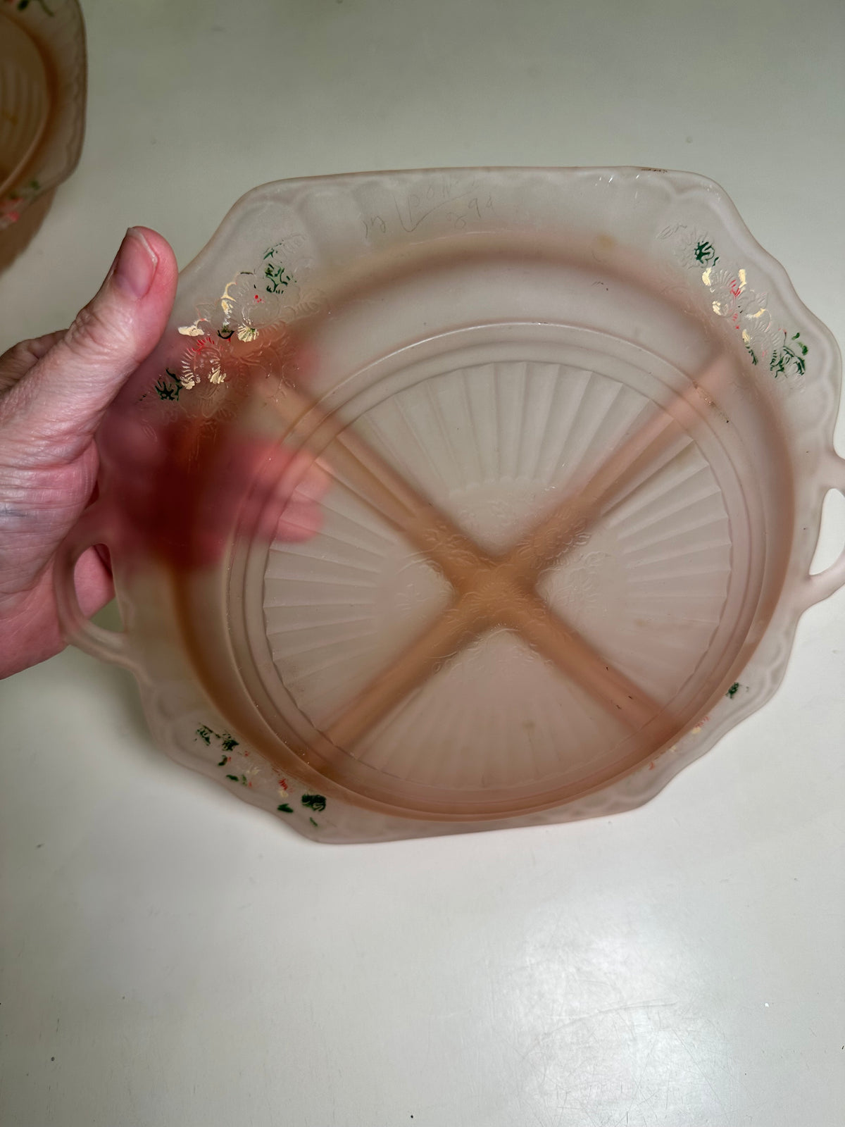 Vintage Pink Mayfair Open Rose Satin Frosted Depression Glass Relish Dish, Hand Painted Roses, Anchor Hocking 1930s