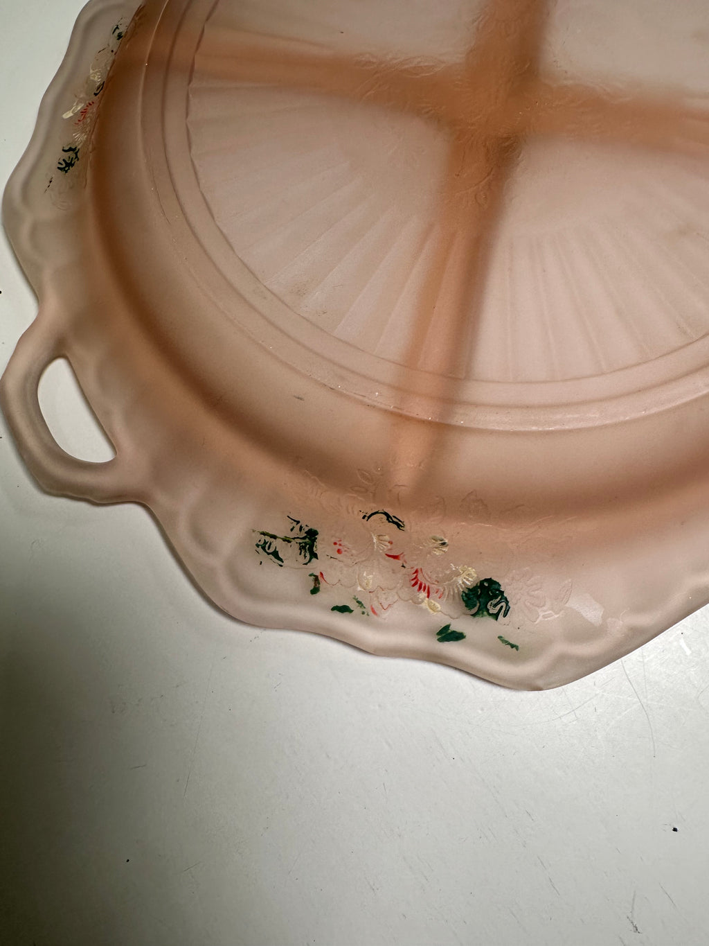 Vintage Pink Mayfair Open Rose Satin Frosted Depression Glass Relish Dish, Hand Painted Roses, Anchor Hocking 1930s
