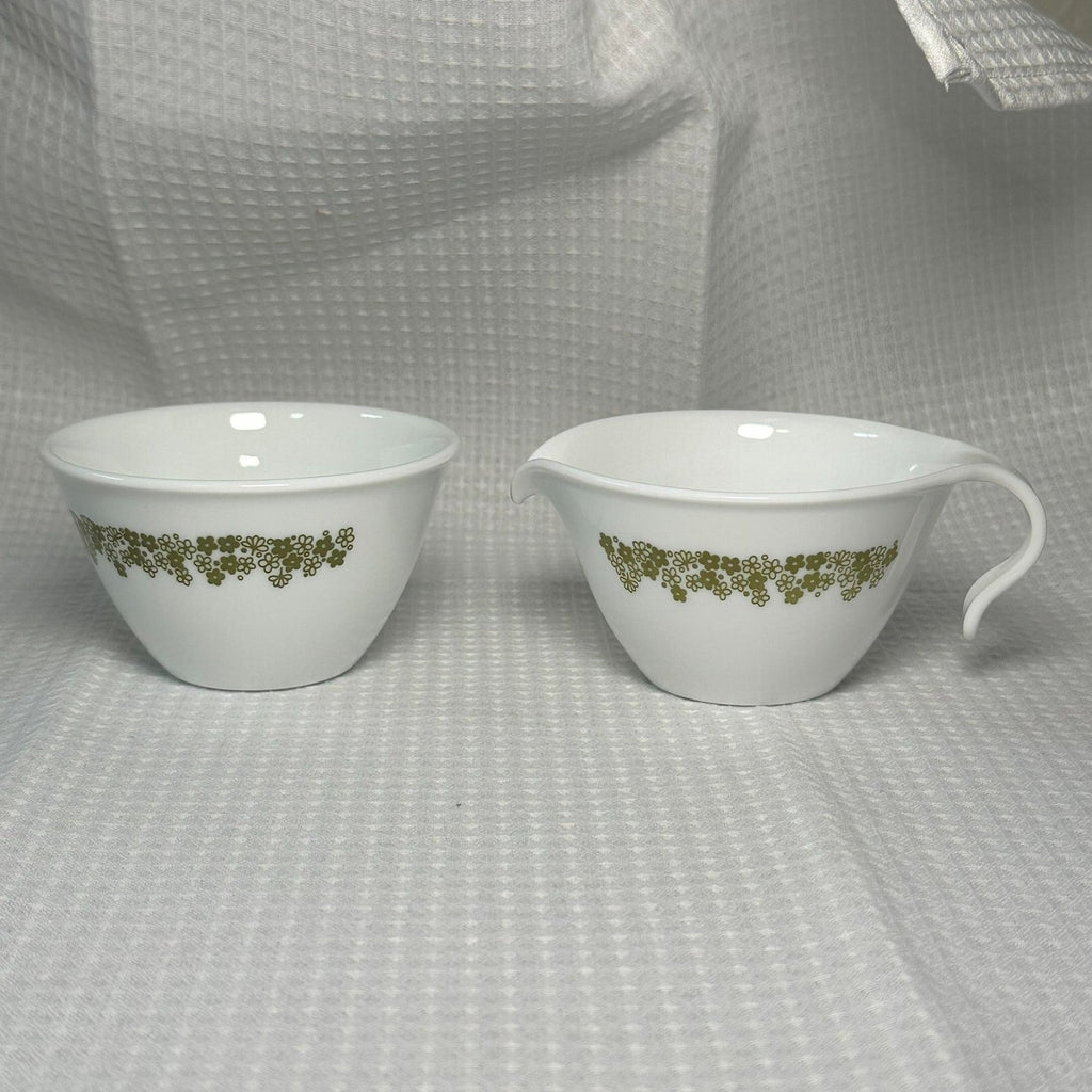 Corelle Spring Blossom 2pc Creamer & Sugar Set 5 oz White/Green Glass VTG MCM
