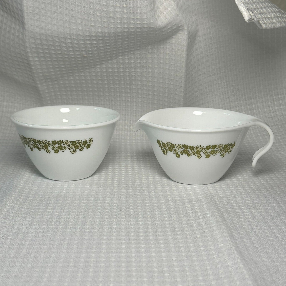 Corelle Spring Blossom 2pc Creamer & Sugar Set 5 oz White/Green Glass VTG MCM