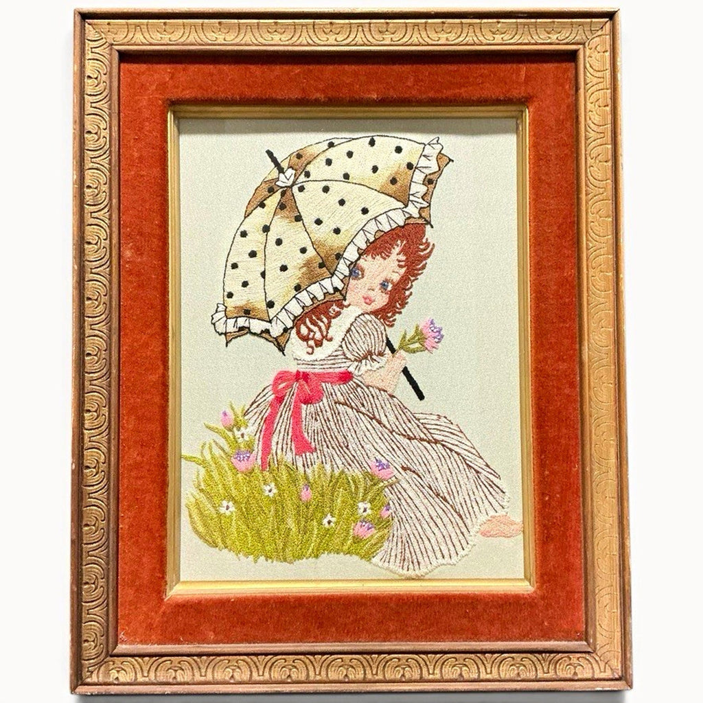 VTG Bunka Embroidery Girl With Parasol Framed Velvet Mat Wall Art 21.5" X 17.5”