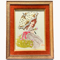 VTG Bunka Embroidery Girl With Parasol Framed Velvet Mat Wall Art 21.5" X 17.5”
