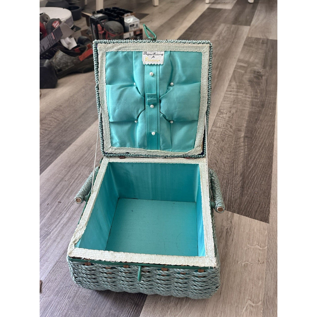 Poppies Turquoise Wicker Sewing Basket Box w/ Floral Lid & Pin Cushion Top MCM