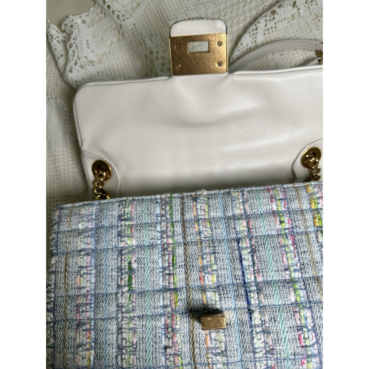 Kate Spade Evelyn Quilted Tweed Convertible Flap Crossbody Bag Light Blue Multi