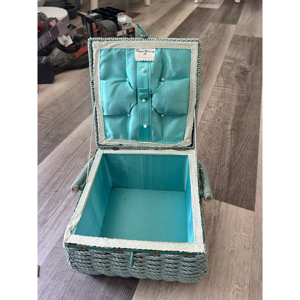 Poppies Turquoise Wicker Sewing Basket Box w/ Floral Lid & Pin Cushion Top MCM