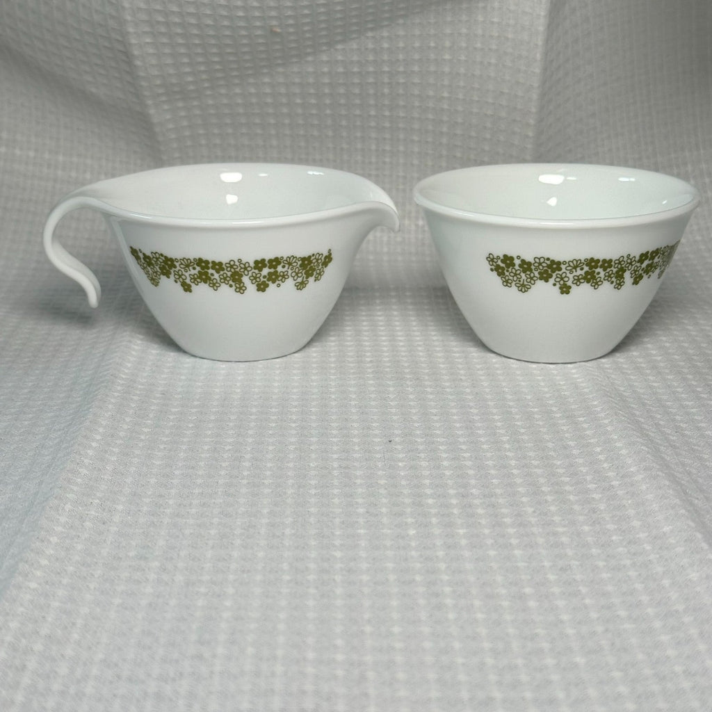 Corelle Spring Blossom 2pc Creamer & Sugar Set 5 oz White/Green Glass VTG MCM