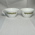 Corelle Spring Blossom 2pc Creamer & Sugar Set 5 oz White/Green Glass VTG MCM