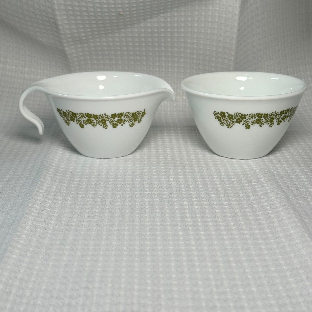 Corelle Spring Blossom 2pc Creamer & Sugar Set 5 oz White/Green Glass VTG MCM