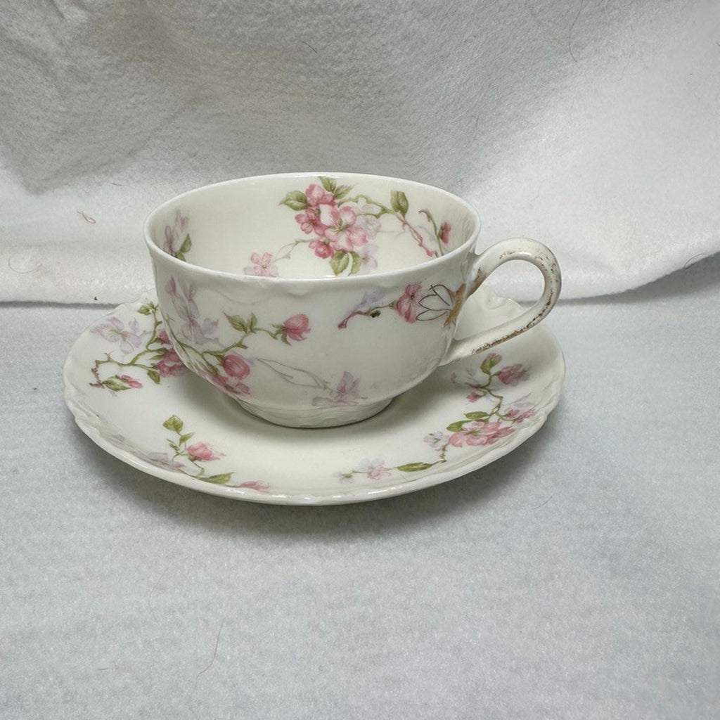 Set of 4 Haviland Limoges Schleiger 37 Teacup & Saucer Antique Pink Floral