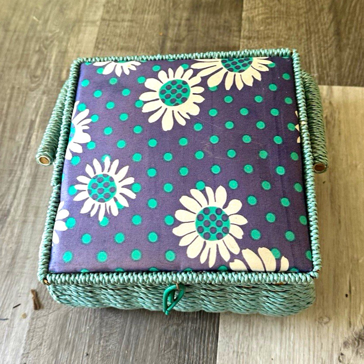 Poppies Turquoise Wicker Sewing Basket Box w/ Floral Lid & Pin Cushion Top MCM