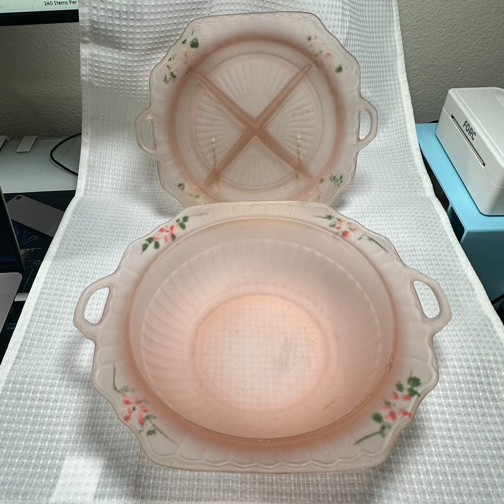 Lot of 2 VTG Mayfair Frosted Pink Depression Glass Serving and Relish Bowl Paint